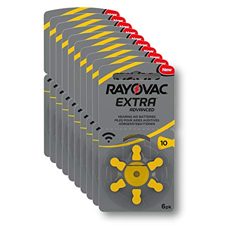 Rayovac Extra Advanced Hearing Aid Batteries, Size 10, Yellow Tab, PR70, Pack of 60