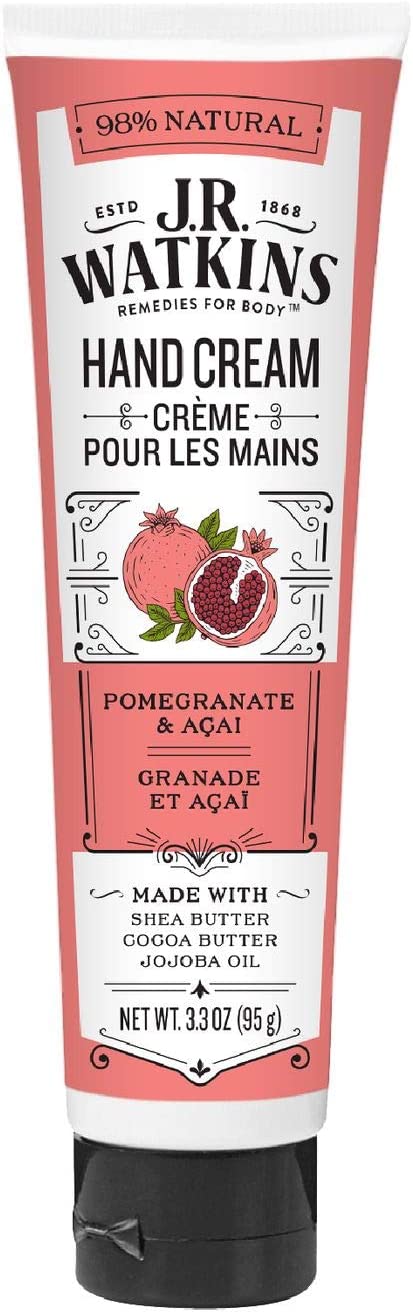 J.R. Watkins Pomegranate and Acai Natural Moisturizing Hand Cream, Hydrating Hand Moisturizer with Shea Butter, Cocoa Butter, and Avocado Oil, USA Made and Cruelty Free, 95 Grams