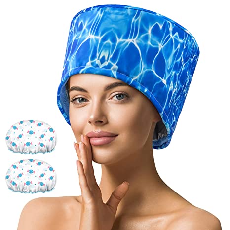 Hair Steamer Deep Conditioning Heat Cap Adjustable Hair Care Heating Cap with Intelligent Protection, Sturdy Material, and 2 Reusable Shower Caps, Gifts for Women (Blue)