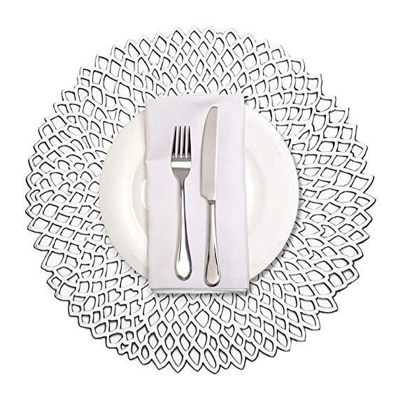 MLADEN Hollowed-Out Round Placemats,Heat Insulation Pad Washable PVC Table Mats,Non-Slip Place mats Table Decoration Set of 4 (Silver)