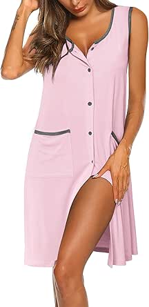 Ekouaer Tank Nightgown for Women Sleeveless Nightshirt Button Up Sleepshirt Soft Sleepwear Nightdress with Pockets