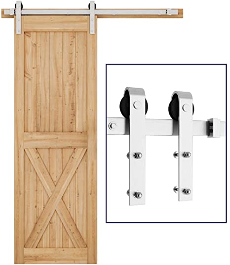 SMARTSTANDARD 5FT Heavy Duty Sliding Barn Door Hardware Kit, Single Rail, Stainless Steel, Super Smoothly and Quietly, Simple and Easy to Install, Fit 30" Wide DoorPanel (J Shape Hanger)