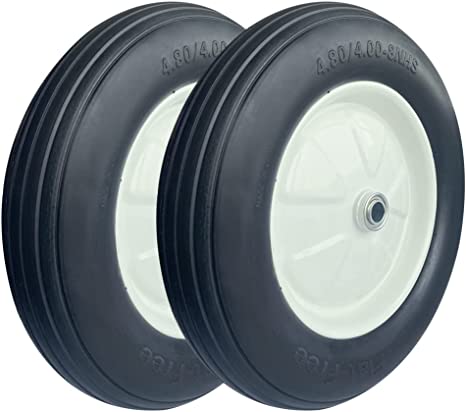 Fortitude Machines 2-Pack 4.80/4.00-8" Flat Free Tire on Wheel, Replacement for Wheel Barrow, 3" Centered Hub, 3/4" Bearing,Ribbed Tread,PU Foam Wheel