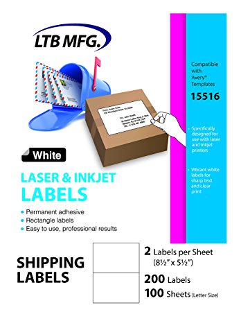 LTB MFG Laser Inkjet Printer Shipping Labels, White, 200 Labels, 100 Sheets, 2 Labels Per Sheet, Shipping labels for USPS UPS FedEx eBay Amazon Paypal Endicia Stamps (2 Per Sheet 8.5" x 5.5")