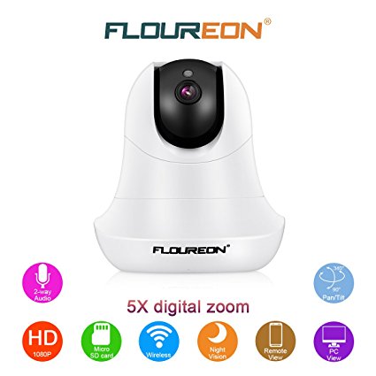 FLOUREON Wireless IP Camera PTZ 1080P ONVIF Home Surveillance Security Indoor Camera 5X Zoom Two Way Audio Baby Monitor Support Night Vision/Motion Detection(White)