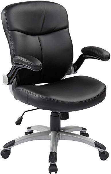 Office Star Mid Back Bonded Leather Executives Chair with Padded Flip Arms and Silver Coated Accents, Black