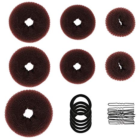 Donut Hair Bun Maker, TsMADDTs Hair Ring Style Bun Maker Set with Hair Bun Makers (1 extra-large, 2 large, 2 medium and 2 small), 5 pieces Hair Elastic Bands, 20 pieces Hair Pins, Dark Brown