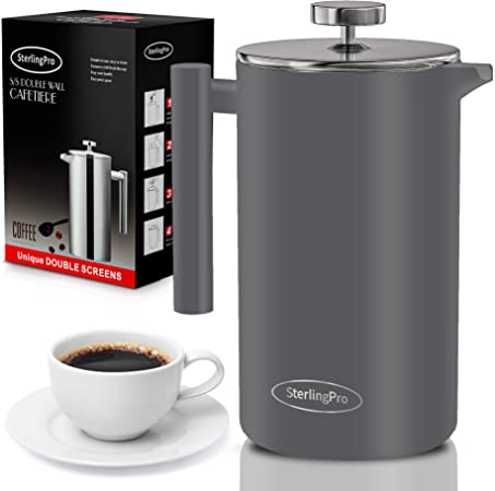 SterlingPro French Press Coffee Maker-Double Walled Large Coffee Press with 2 Free Filters- Granule-Free Coffee, Stylish Rust Free Kitchen Accessory-Stainless Steel French Press (2L, Grey)