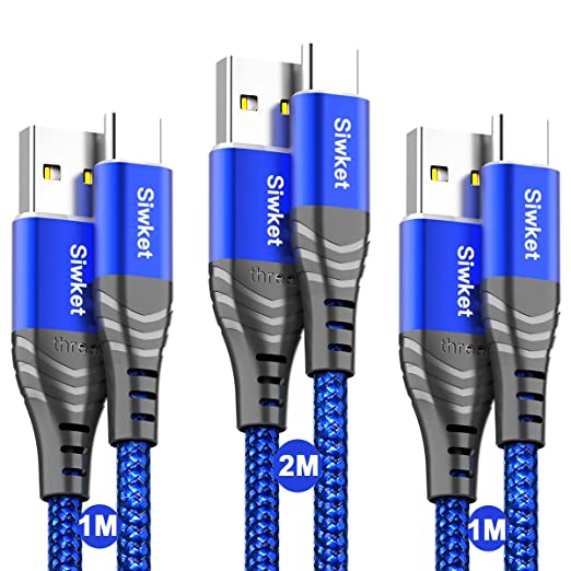 Siwket USB Type C Cable 3A Fast Charging Cord, 3Pack 1M 1M 2M USB A to USB C Charger Cable Braided Data Sync for Samsung Galaxy S10 S9 S8,Note 9/8,A20 A50 A80,LG G5 G6,Sony Xperia,Switch,HTC,Moto Blue