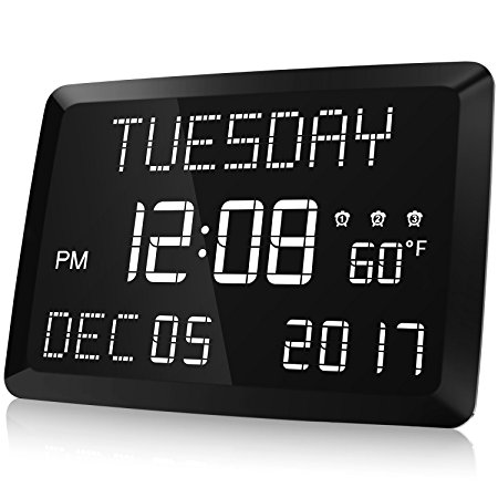 Raynic Day Clock -11.5” Extra Large Impaired Vision Digital Calendar Alarm Clock with Indoor Thermometer,3 Alarms,5 Dim Options and Dual USB Charging Ports