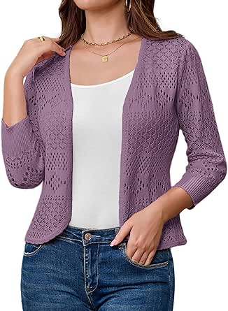 GRACE KARIN Women's Cardigans 3/4 Sleeve Open Front Cropped Cardigan Hollow Out Knit Shrugs for 2024 Summer