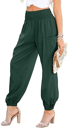 Dokotoo Womens Fall Boho Business Casual Smocked 2024 High Waisted Cargo Fall Long Pants with Pockets