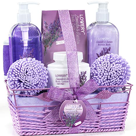 Bath and Body Gift Basket For Women and Men – Lavender and Jasmine Home Spa Set with Body Lotions, Bubble Bath and More