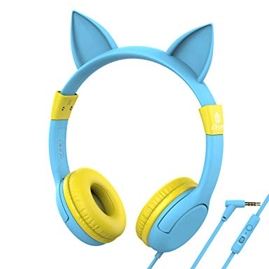 iClever Kids Headphones - Cat-Inspired Wired On-Ear Headphones for Kids, Adjustable 85/94dB Volume Control, Food Grade Silicone, Lightweight - Childrens Headphones with Microphone, Blue/Yellow