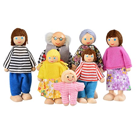 Balanu 7-Piece Wooden Doll Happy Family Pretend Play Dolls Mini People Figures for Baby Kids Girls