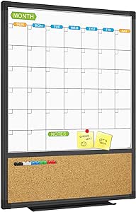 JILoffice Magnetic Calendar Whiteboard & Bulletin Corkboard Combination, Combo Board 20 x 28 Inch, Black Aluminum Frame Wall Mounted Board for Office Home and School with 10 Push Pins