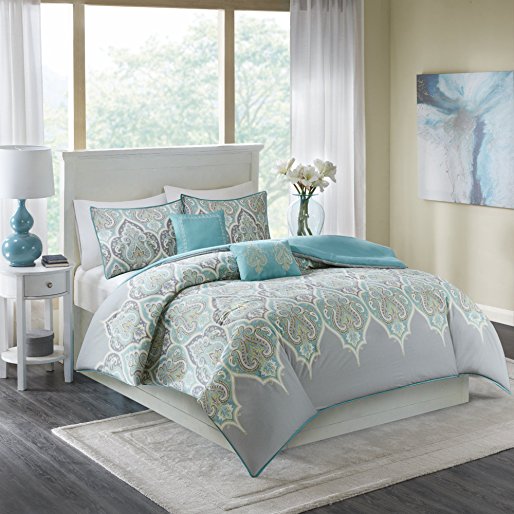 Comfort Spaces – Mona Cotton Printed Duvet Cover Set - 3 Piece – Teal Grey – Paisley Design – King Size, includes 1 Duvet Cover, 2 Shams, Include Corner Ties