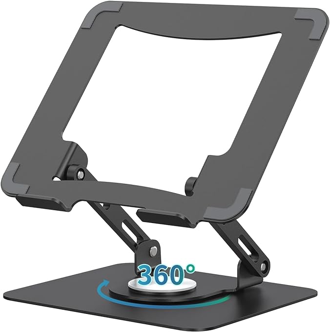SOUNDANCE Laptop Stand with 360° Rotating Base, Ergonomic Computer Riser for Desk, Adjutable Height Muti-Angle, Foldable Laptop Mount, Stable Metal Holder Support 10-15.6" Notebook PC, Black