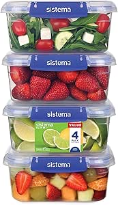 Sistema KLIP IT PLUS Leakproof Food Storage Containers | 1 L | Airtight & Stackable Meal Prep Containers with Lids | School Lunch Boxes | BPA-Free | 4 Count