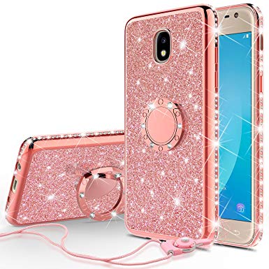 Galaxy J3 Orbit/J3 2018/J3 Star/J3 Achieve/J3v 3rd Gen/Express Prime 3/Amp Prime 3 Case,Ring Kickstand Glitter Cute Bling Girls Diamond Sparkly Compatible for Samsung J3 Orbit Phone Cases, Rose Gold