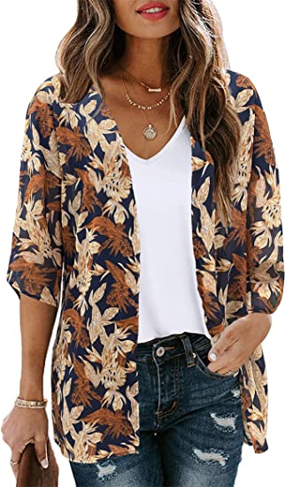 Women's Floral Print Puff Sleeve Kimono Cardigan Loose Cover Up Casual Blouse Tops