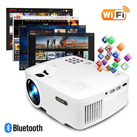 ERISAN Projector Video Home TV Theater, LED Android 6.0 WiFi Bluetooth, 220 ANSI Lumen, Support 1080P Full HD, 2018 Updated Hi-Fi Speaker, Quieter Fan, Mini Smart Video Beam, Multimedia Party Game