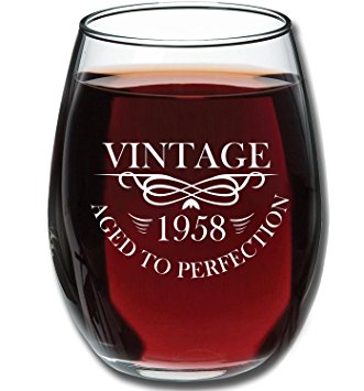 1958 60th Birthday 15oz Stemless Wine Glass for Women and Men - Vintage Aged To Perfection - 60th Wedding Anniversary Gift Idea for Him, Her, Parents - 60 Year Old Presents for Mom, Dad, Husband, Wife