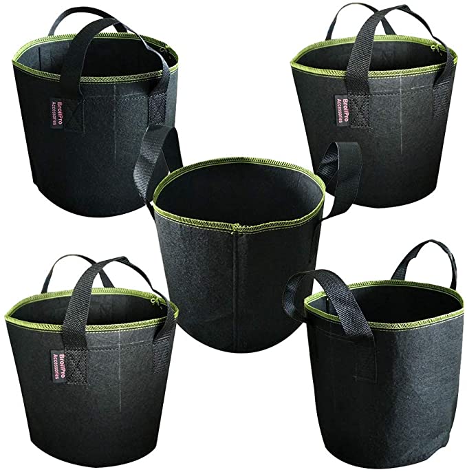 BroilPro Accessories 5-Pack 10 Gallon Plant Grow Bags - Smart Thickened Non-Woven Aeration Fabric Pots Container with Strap Handles