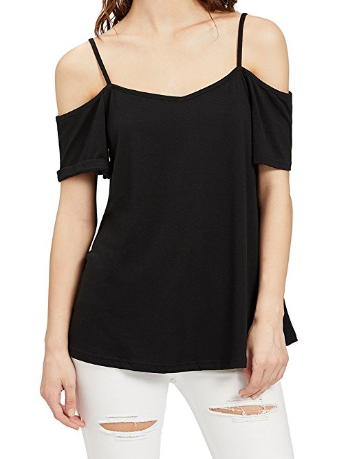 Romwe Women's Casual Short Sleeve Cold Shoulder Tops Loose T-Shirt Blouse