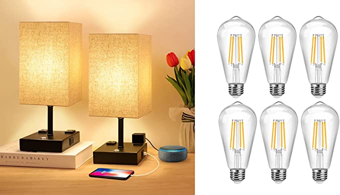 3 Way Dimmable Touch Control Table Lamp with 2 USB Charging Ports 2 AC Outlets,and 6 Pack ST64 LED Edison Bulb 8W