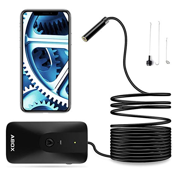 ABOX 1200P Semi-Rigid Wireless Endoscope, 2.0 MP HD WiFi Borescope Inspection Camera, 0.35in Diameter & 1000mAh Battery Snake Camera for Android & iOS Smartphone Tablet - Black 16.4FT