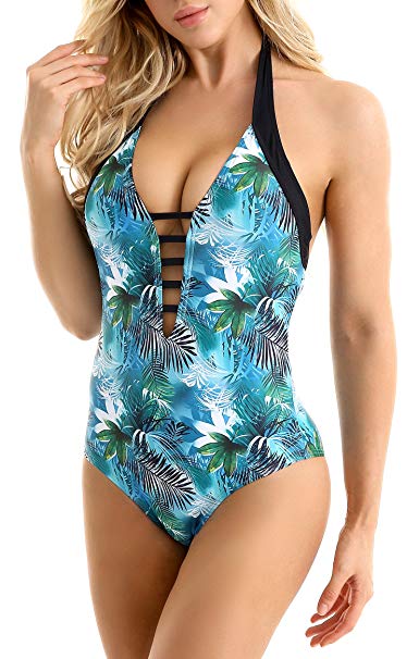 Womens Halter Swimsuits One Piece Swimwear Deep V Neck Bathing Suits Floral Print Monokini Sexy Backless Beach Suit