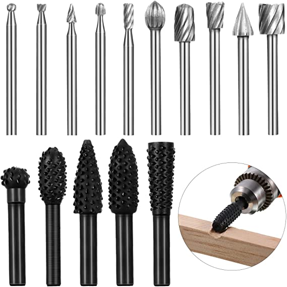 15 Pieces Woodworking Drill Bits Set Including 5 Pieces Rotary Rasp File Bits with 1/4 Shank and 10 Piece Wood Carving Rotary Burr Bits with 1/8 Inch Shank for DIY Woodworking Carving Drilling