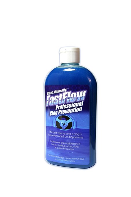 FASTFLOW family friendly, super concentrated eco-friendly 3-in-1 microbial drain cleaner, septic maintainer, and fruit fly eliminator. 16 uses in one bottle.
