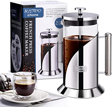 French Press Coffee Maker-304 Grade Stainless Steel Coffee Maker-4 Level Filtration system-Heat Resistant Borosilicate Glass-Coffee Press 34oz Bistro@Home