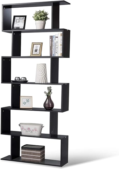 COSTWAY Wooden Bookcase, 5/6 Tiers Freestanding Storage Shelf, Home Office Industrial Decorative Bookshelf Display Stand Rack (Black, 80 x 23 x 192cm)