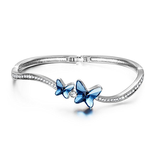 Brilla Mother‘s Day Gift Bangle Bracelet Swarovski Elenments Crystal Blue Women Fashion Jewelry "Butterfly Dream",7"