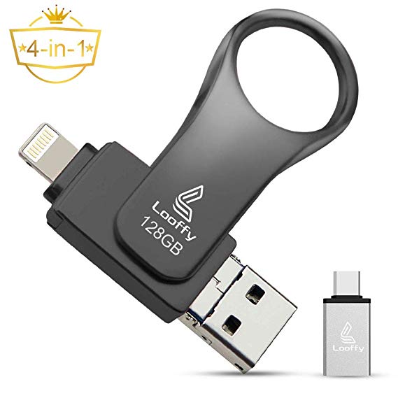 USB Flash Drive, Looffy Photo Stick for iPhone, 128GB External Storage Memory iOS Stick Photostick Mobile, Thumb Drive USB 3.0 Compatible iPhone/iPad/Android/PC/Type C Backup OTG Smart Phone-Black
