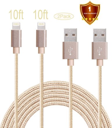 LOVRI 2Pack 10ft Nylon Braided Lightning Cable USB Cord Charging Cable for iphone 6s, 6s plus, 6plus, 6,5s 5c 5,iPad Mini, Air,iPad5,iPod. Compatible with iOS9.(Gold)