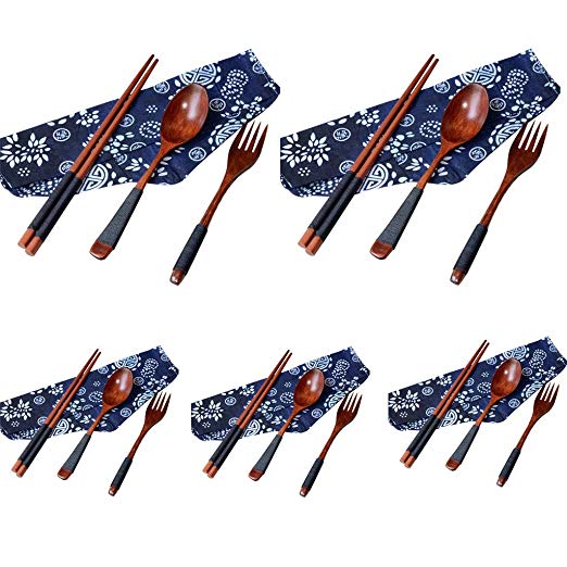 FORESTIME Japanese Wooden Chopsticks Spoon Fork Tableware 3Pcs Set New Gift (5 Sets, One)