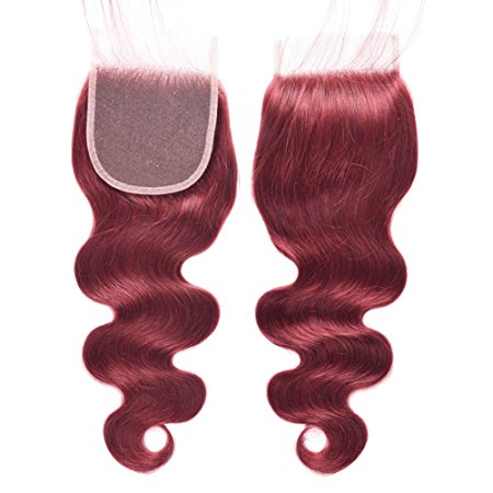 Black Rose Hair Brazilian Virgin Human Hair Body Wave Closure Pre Colored #33 Rich Burgundy Red 4x4 Lace Closure with Baby Hair Bleached Knots(14 inch)