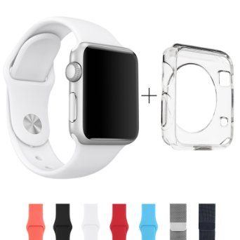 Apple Watch 42mm Band ClockChoice Silicone Strap Sport Replacement Kit for iWatch WHITE  Bonus Case Included  No adapter needed  Includes 3 Pieces for 2 Lengths  For Women and Men Use