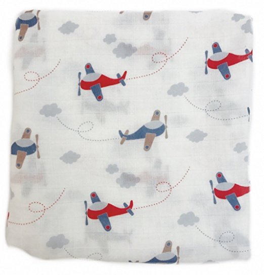 Little Luvies Digitally Printed Luxury Swaddle Blanket (Fly as high as your wings will take you) | Red White Blue Vintage Airplane Baby Swaddle Wrap and Receiving Blanket | Ultra Soft Bamboo Swaddle