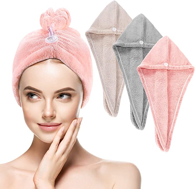 Buluri Hair Drying Towels,3 Pack Microfibre Towel Hair Turban Set Wrap Super Absorben Hair with Button Design for Women Wet/Long/Thick Hair
