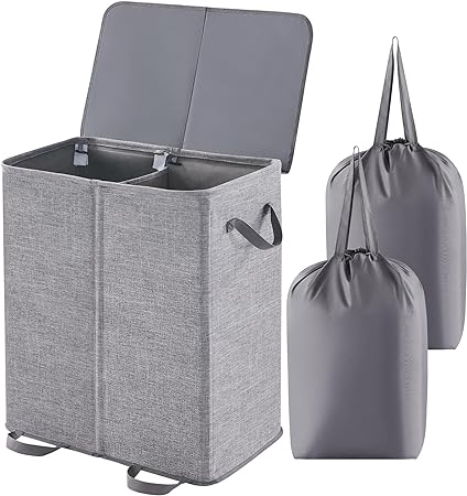 Lifewit 136L Double Laundry Hamper with Lid and Removable Laundry Bags, Large Collapsible Laundry Basket Divided with Handles for Bedroom, Laundry Room, Closet, Bathroom, College, Grey