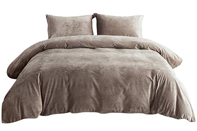 PHF Greek Velvet Duvet Cover Set 3 Pieces Heavyweight Warm Winter Luxury Bedding Set Queen Size Dark Khaki