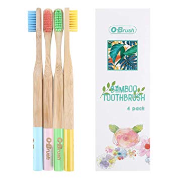 OBrush Bamboo Toothbrush 4 Pack | Colorful Bamboo Brush with Medium Soft Nylon Bristles | Eco Friendly Toothbrush 4 Colors for Adults and Teenagers Rainbow Pack of 4