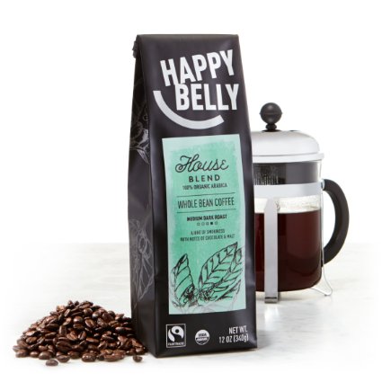 Happy Belly House Blend Organic Fairtrade Coffee, Medium Dark Roast, Whole Bean, 12 ounce