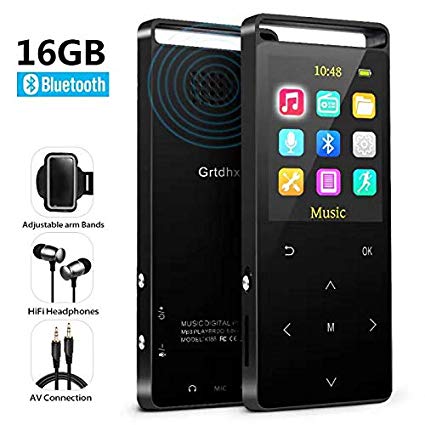 16GB Bluetooth MP3 Player with FM Radio/Voice Recorder,MP3 Players Lossless Sound, Metal Touch Button, 1.8 Inch Color Screen, 50 Hours Playback, HD Sound Quality Earphone, with an Armband, Black
