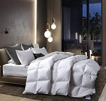 drtoor All Seasons Down Comforter, Luxurious Queen Duvet Insert, 100% Hypoallergenic Cotton Cover with Silver Edge, 48oz Fill Weight, High Fill Power, – White, Queen/Full Size